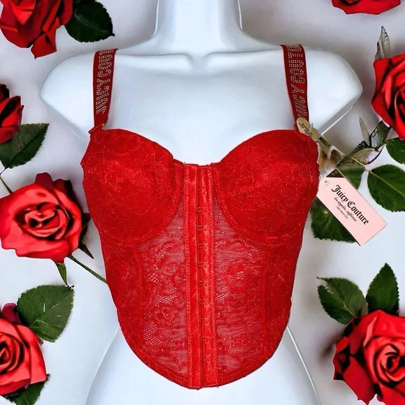 Juicy Couture Red Lace Sexy Bustier Convertible Strapless Bra Top 34B NWT - Picture 1 of 7
